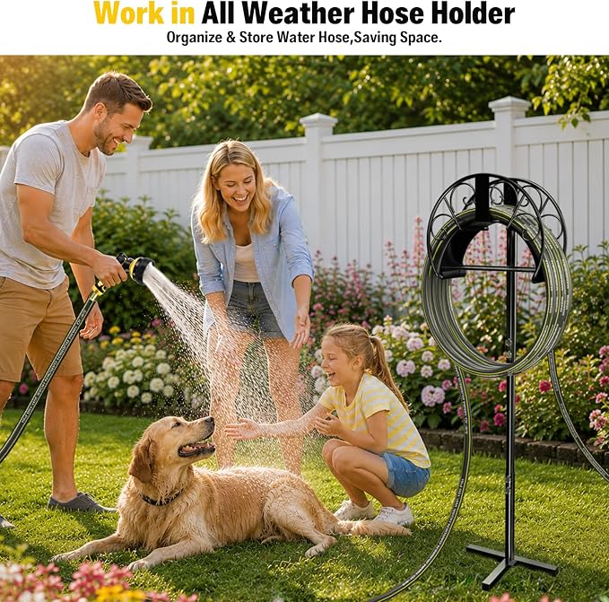 Garden Hose Holder with 50ft Kink Free Water Hose Kit, Metal Heavy Duty Freestanding Garden Hose Hanger Storage Stand, Hose Storage for Outside Yard Lawn Farm, Outdoor Organizer