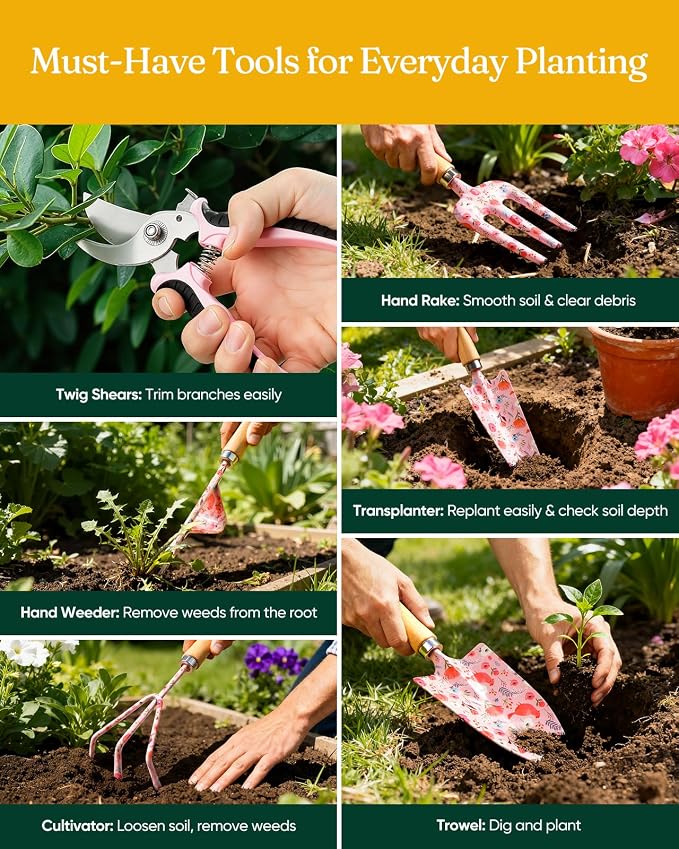 Grenebo 12-Piece Gardening Tools Set, Floral Print Garden Tool Set Gift, Rust-Proof & Heavy-Duty Trowel, Rake, Weeder, Pruner with Hard Case, Gardening Gifts for Women, Mom & Plant Lovers (Pink)