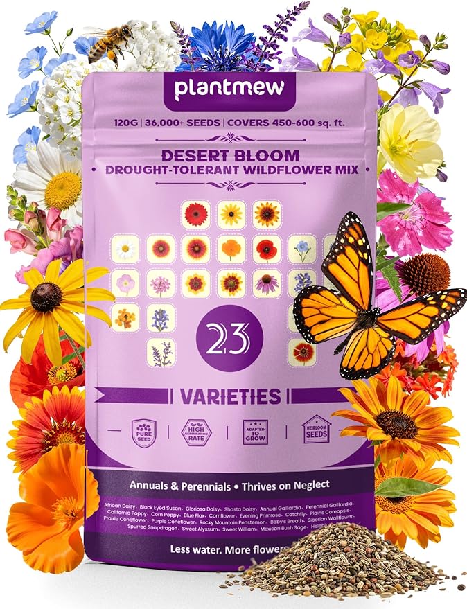 Wildflower Seeds – Desert Bloom Drought-Tolerant Mix, 23 Varieties Annuals & Perennials, 36,000+ Seeds (4oz) Covers 450-600 sq.ft. – High Germination, Thrives on Neglect, Less Water More Flowers