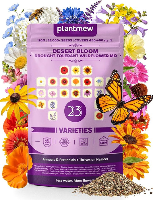 Wildflower Seeds – Desert Bloom Drought-Tolerant Mix, 23 Varieties Annuals & Perennials, 36,000+ Seeds (4oz) Covers 450-600 sq.ft. – High Germination, Thrives on Neglect, Less Water More Flowers