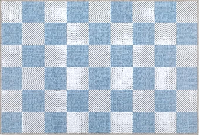 GarveeHome Checkered Blue 2x3 Washable Coastal Rug Low-Pile Small Door Mat | Light Blue Area Rug for Entryway Hallway Kitchen Bathroom Stain Resistant Low-Pile Non-Slip Soft Rugs TPE Backing