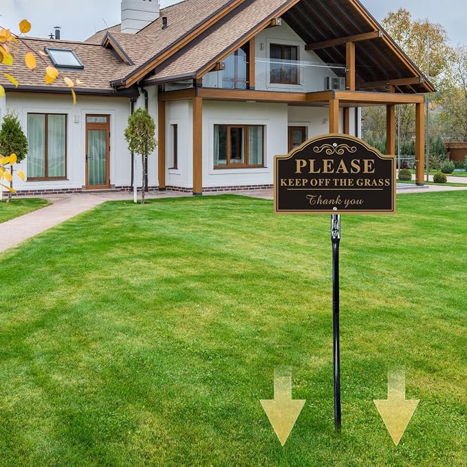 2-Pack Keep Off The Grass Signs, with 36"Tall Metal Stakes, 8x12 Inches Aluminum Yard Signs, Black and Gold ﻿