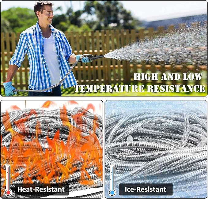 Metal Garden Hose 100ft with Super Tough and Soft Water Hose, Household Stainless Steel Durable Adjustable Nozzle, No Kinks Tangles, Easy to Store Storage Strap