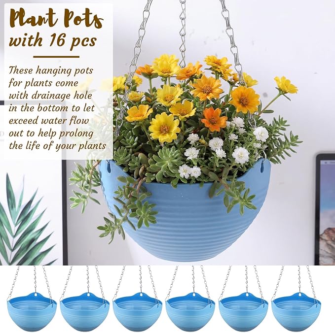 Zopeal 16 Pack Self Watering Hanging Planters 8 Inch Garden Flower Plant Pot Container with Drainer and Chain Round Hanging Pot Plant Basket for Indoor Outdoor Plants(Blue)