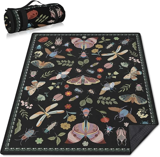 Insect Picnic Blankets Waterproof Foldable, 80″X80″ Extra Large Picnic Mat Boho Outdoor Blanket for Grass, Cute Packable Beach Blanket Sandproof Picnic Accessories for Camping Music Festival Park Lawn