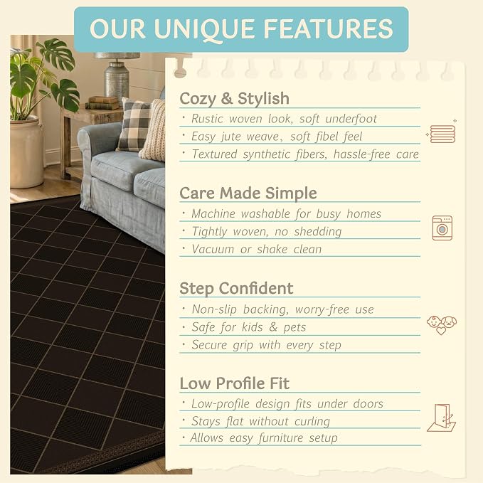 Large Dark Brown Checkered Easy Jute Outdoor Area Rug 5x7, Boho Diamond Geometric Pattern Non-Slip Living Room Patio Rug Indoor, Low Pile Stain Resistant Boho Decor Carpet for Dining Room and Office