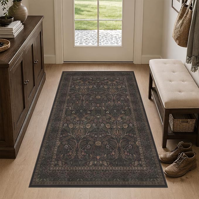 3x5 Rustic Brown Large Entry Way Area Rugs Indoor Washable - Non-Slip Low Pile Kitchen Floor Mats, Floral Botanical Bedroom Rug, Thin Waterproof Laundry Room Rugs Stain Resistant