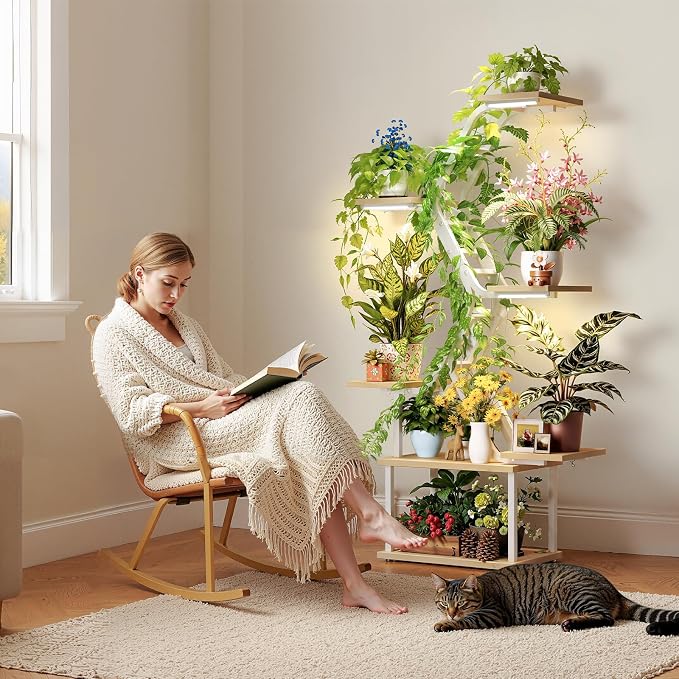White Plant Shelves with Grow Lights: 7-Tier 65" Tall Modern Plant Stand for Indoor Corners, Living Room Display or Bedroom Gardening Rack