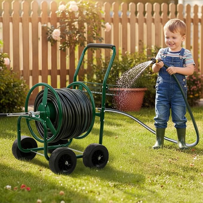 VINGLI 300FT 5/8in Garden Hose Reel Cart, 4-Wheel Portable Residential Hose Reel Cart, Hose Guide System with Storage Basket, Rust Resistant, for Family Yard, Garden and Farm (Green)