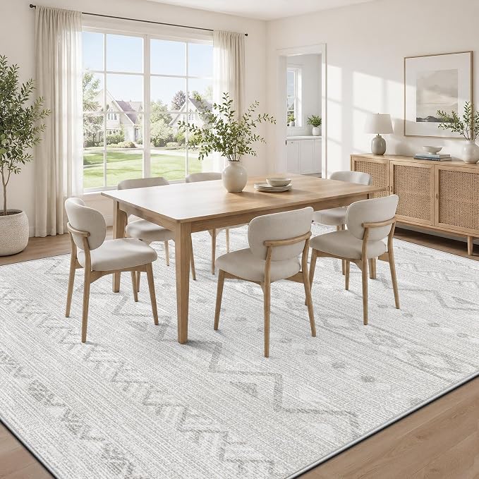 Zomfy Washable Rug 8x10 Area Rugs for Living Room(Grey, 8'x10') | Geometric Boho Modern Rugs Large Non Slip Soft Carpet Low Pile No Shedding Print Rug for Bedroom Dining Room Home Office