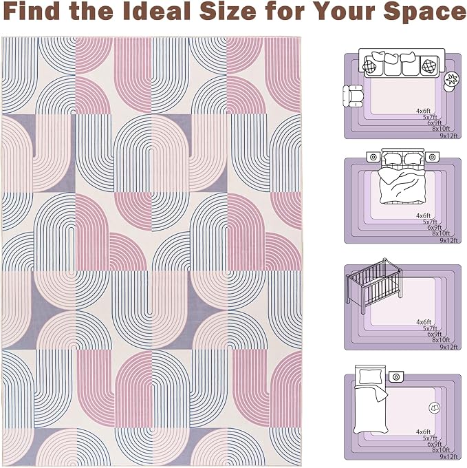 5x7 Washable Area Rugs for Living Room, Non Slip Boho Modern Rug | Stain Resistant, Soft Carpet Indoor Floor Carpets for Bedroom Dining Room Farmhouse Nursery Hallway Home Office, Purple
