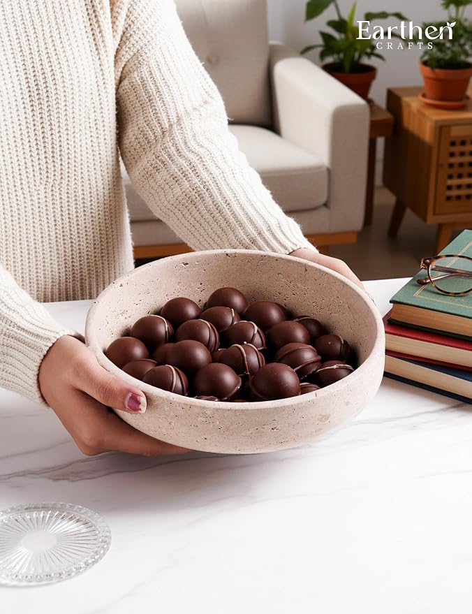 Marble Decorative Bowl 8" Inches Travertine Key Bowl for Entryway Natural Stone Fruit Bowl For Kitchen Counter, Serving Bowl For Coffee Table, Modern Home Centerpiece Decor