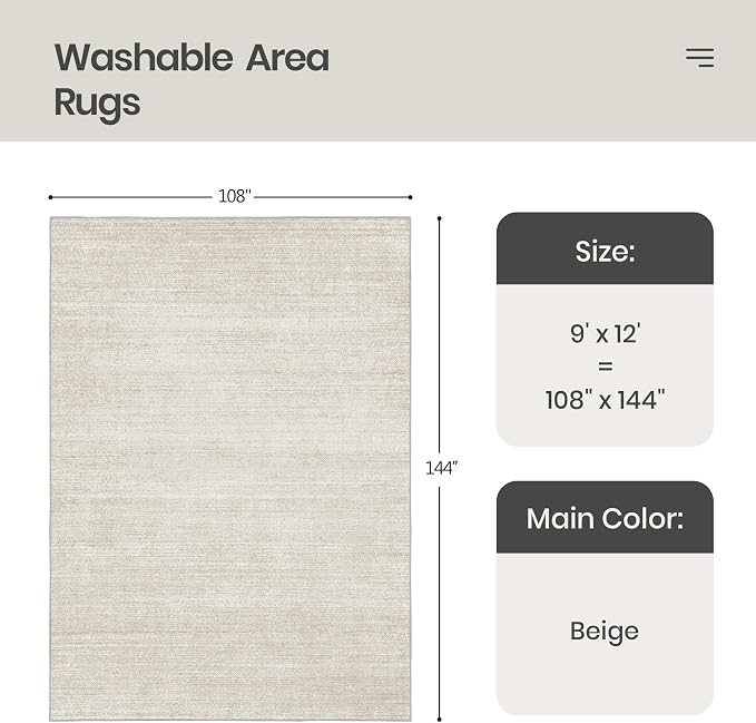 Valenrug Area Rugs 9x12 Living Room, Large Washable Rug Non Slip, Beige | Soft Low Pile, Thin & Lighweight, Stain Resistant Folable Modern Indoor Carpet Rugs for Bedroom, Dining Room, Home Decor