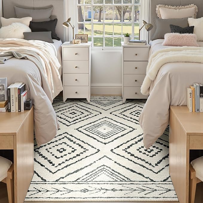 6'x9' Washable Area Rug for Living Room Bedroom White Black | Soft Western No Slip Low Pile Print Foldable Indoor for Kitchen Dining Room