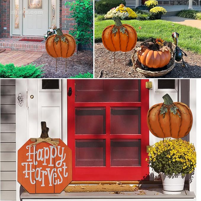 17" H Metal Pumpkin Yard Stake - Outdoor Fall Decor Rustic Garden Stake - Autumn Yard Sign Lawn Ornaments for Porch Home Patio Harvest Thanksgiving Halloween Decorations
