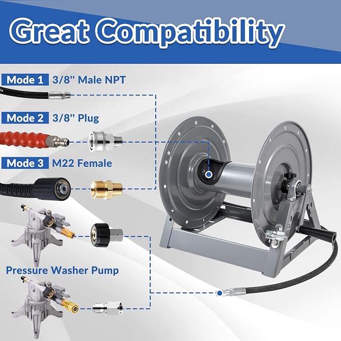 FIXFANS Pressure Washer Hose Reel, 300FT x 3/8" or 500FT x 1/4" Heavy Duty Hose Reel, Manual Crank Power Washer Hose Reel with M22 Fitting, Wall/Floor/Truck Mounted, 4000 PSI