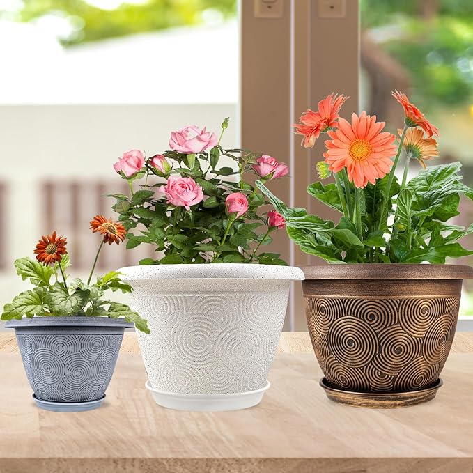 Fodetyff 14 Inch Large Planter Pot for Plants Indoor Outdoor, 4 Pack Plastic Flower Pots with Drainage Hole & Tray, Modern Decorative Garden Pot with Saucer, Plant Container for House