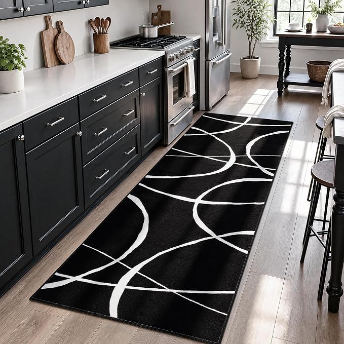 2x6 Washable Modern Black White Kitchen Runner Rug | Ultra-Thin Low Pile, Non-Slip TPE Backing, Soft Stain Resistant, Machine Washable, for Bedroom Livingroom High Traffic