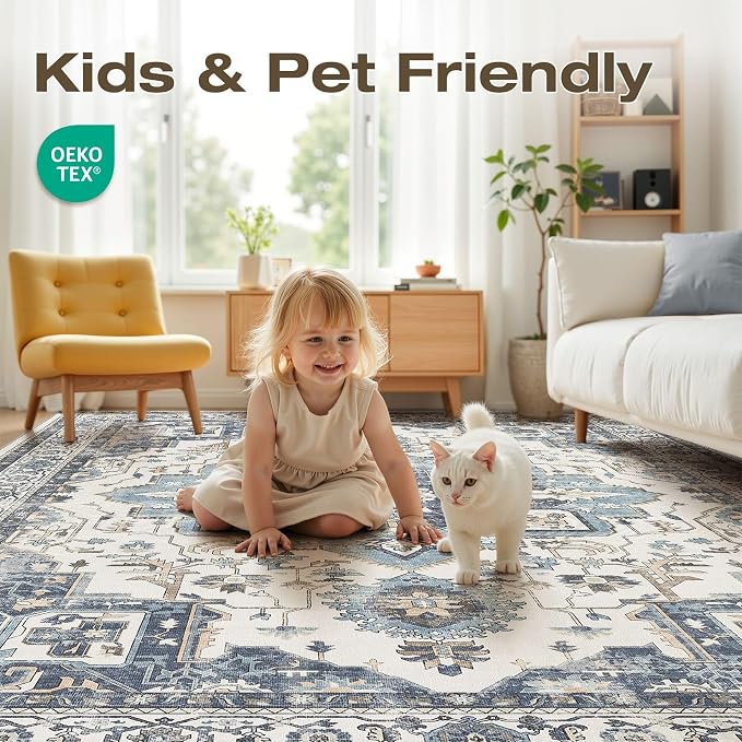 Vintage Washable 10x12 Area Rug for Living Room, Vintage Blue | Soft Low Pile Rug with Non-Slip Backing, Stain Resistant for Bedroom or Dining Room, Kid & Pet Friendly