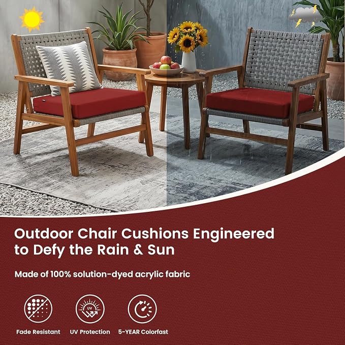 Favoyard Patio Chair Square Cushions Set of 2, Red, 19 x 19 x 3 inches | 5-Year Fade-resistant & Water-resistant Memory Foam Pad with Removable Cover & Ties for Outdoor Furniture Dining Chairs Seat