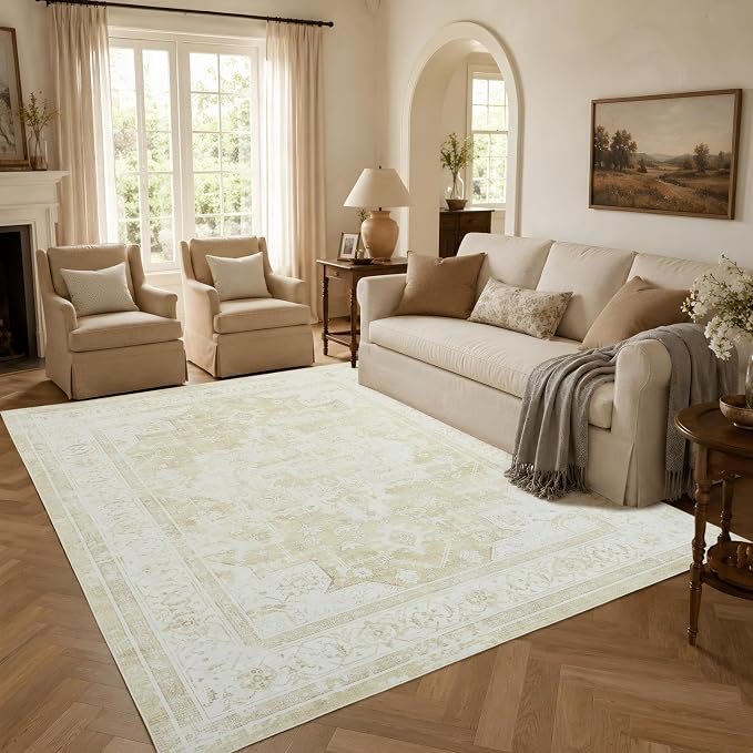 Washable 4'x6' Vintage Area Rug for Bedroom Living Room | Farmhouse Carpet For Bedroom Kitchen Office Hallway Entryway Printed Pattern Non-Slip Soft Stain-Resistant Easy To Clean