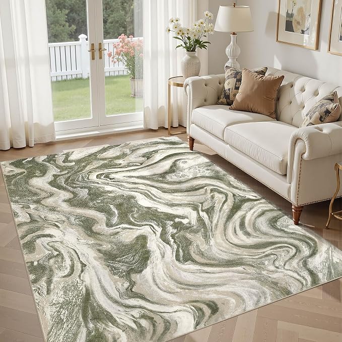 DMOYEST 6x9 Area Rug for Living Room Washable Abstract Indoor Carpet | Neutral Modern Low Pile Rugs Kid & Pet Friendly Soft Thin Carpet for Bedroom Dining Room and Office - Olive Green