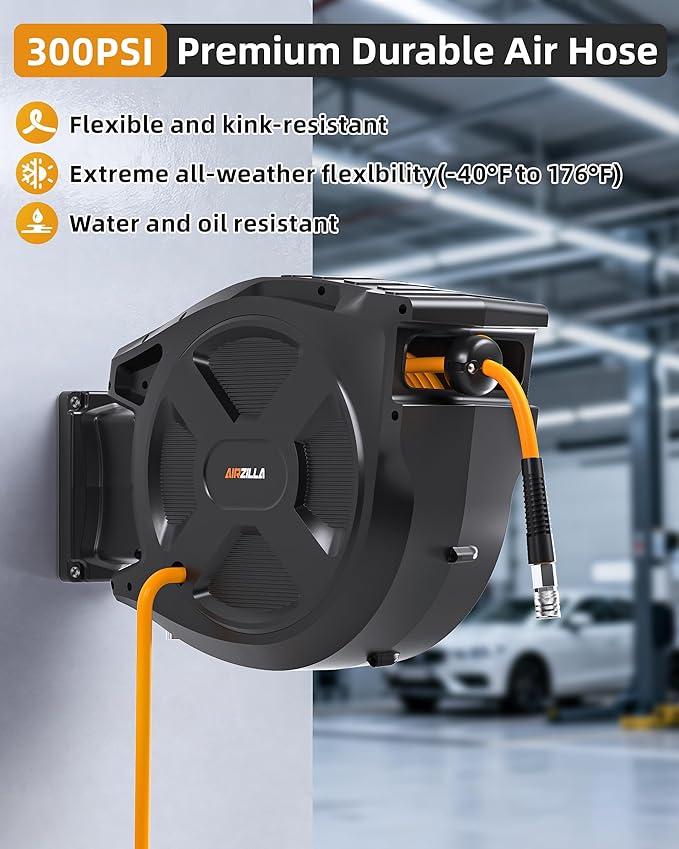 Retractable Air Hose Reel, 3/8" x 65Ft Flex Hybrid Air Hose Max 300PSI Kink-resistant Air Compressor Hose Reel Auto Rewind with 6Ft Lead in, Quick Connect, 180° Swivel Mounting Kit.