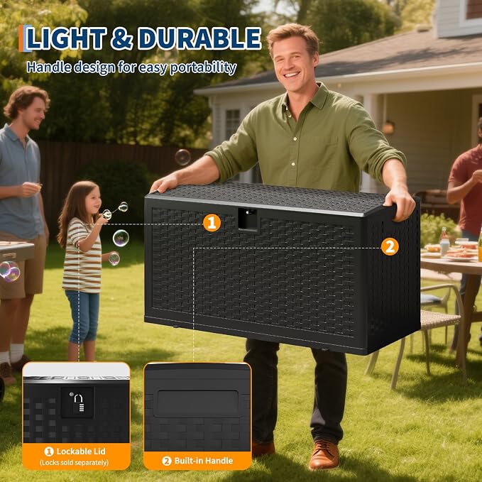 IDEALHOUSE 73 Gallon Resin Deck Box, Waterproof Outdoor Storage Box with Lockable Lid & UV Resistant, Patio Furniture Cushion Storage Container for Garden, Backyard, Poolside (Black)