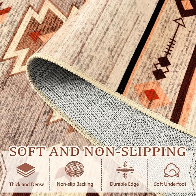 BENRON Western Area Rugs for Living Room Bedroom 5x7, Washable, Warm Beige | Non Slip Southwest aztec Rustic Rugs for Dining Table Kitchen Home Decor