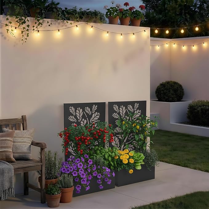 VINGLI 44" H Metal Raised Garden Bed with Trellis, Outdoor Planter Box for Climbing Vegetables, Fruits and Flowers, Privacy Screen, for Backyard, Patio, Balcony, Black (Tree)