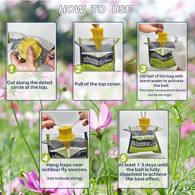 8 Pack Fly Traps Outdoor Hanging Disposable Fly Bags Trap, Effective Pre-Baited Flies Catcher, Flies Killer Bug Control for Patio, Yard, Chicken Coops, Horse Stables, Barns