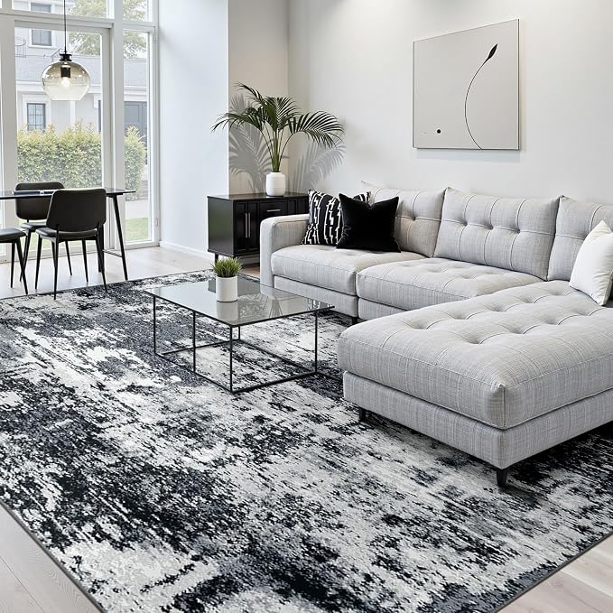 RELEANY Washable 5'x7' Abstract Area Rug for Living Room Black White | Carpet for Bedroom, Kitchen, Office, Hallway and Entryway, Printed Pattern, Non‑Slip, Soft, Stain‑Resistant, Easy to Clean
