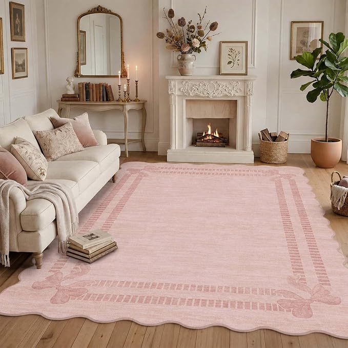 Latte&Fog 8x10 Area Rugs for Living Room Washeble Cute Scalloped Pink Rug | for Girls Bedroom Dining Kitchen Kids Playroom Nursery Classroom Dorm Farmhouse Office, Non Slip Low Pile Soft Floral Carpet