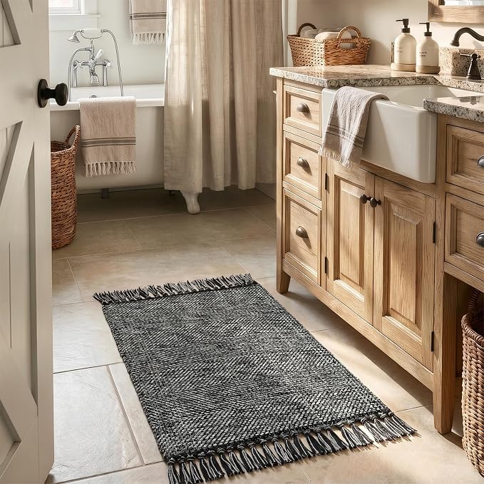 Black Bathroom Rug, 2' x 3' Hand-Woven Washable Small Kitchen Rugs, 45% Cotton, 45% Polyester, 10% Viscose - Cotton Reversible Entryway Rug Modern Farmhouse Carpet for Foyer Bedroom Back Door | Modern Farmhouse Braided Entryway Rug, Small Reversible La...