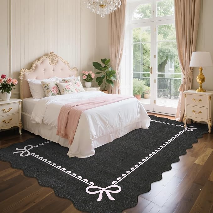 GarveeHome Scalloped Bow Rug 6x9 Washable Rug for Living Room, Black Pink | Non Slip Soft Low Pile Indoor Large Carpet for Nursery Girls Bedroom Decor Hallway Kids Room College Dorm Playroom