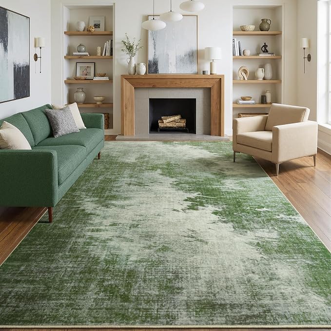 4x6 Abstract Distressed Faux Cashmere Rug for Living Room Low Pile | Machine Washable Throw Rugs, Non-Slip Stain Resistant Forest Floor Carpet for Bedroom, Dorm, Farmhouse Home Decor, Green
