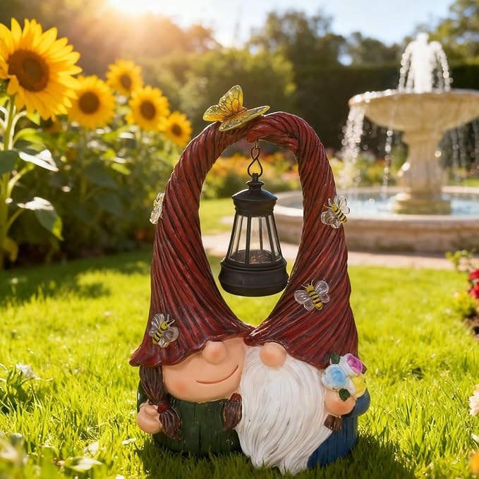 Couple Gnome Decor with Solar Light Lantern Lamp Garden Statue Outdoor Figurine for Yard Patio Unique Perfect Gnomes Gifts for Women Mom Grandma Valentines Decorations
