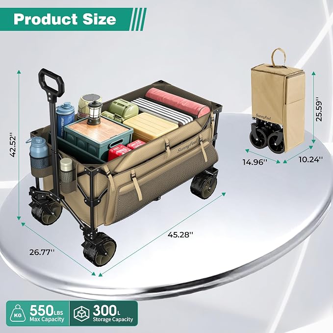 SUNNYFEEL 300L Wagon Cart Foldable - 550LBS Heavy Duty Collapsible Wagon with Big All-Terrain Wheels & Brakes, Extra Large Folding Utility Wagon for Camping, Grocery, Shopping, Sports, Beach, Khaki