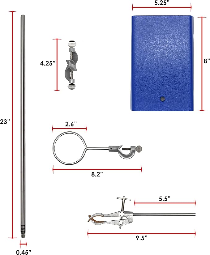 EISCO 10PK Chemical Resistant Steel Lab Stand Set - Support Stand (8" x 5"), 12mm Dia. Rod (23.6" L), Cork Lined Burette Clamp with Boss Head and Retort Ring (2.5" Dia)