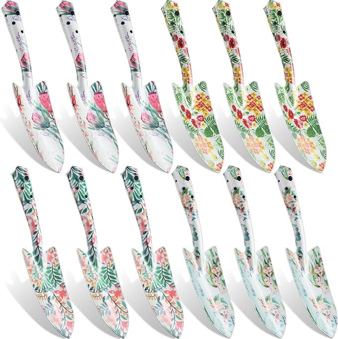 12 Pcs Floral Garden Shovels Bulk Gardening Gift for Women Heavy Duty Metal Garden Tools Floral Hand Shovel Planting for Summer Employees Birthday Thank You Gifts (Tropical Plants)