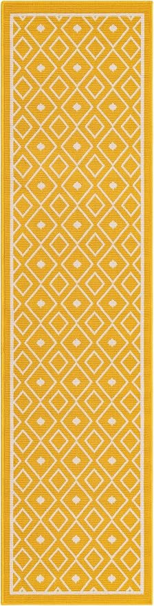 Unique Loom Outdoor Trellis Collection Area Rug - Kafes (2' x 8' Runner, Yellow/ Ivory)