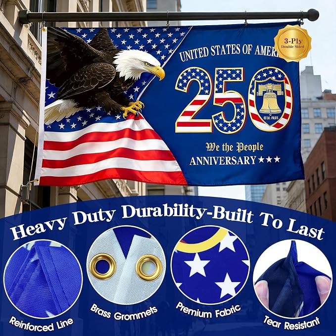 250th Anniversary Flag 3x5 FT Double Sided, 3-Layer Heavy Duty USA Semiquincentennial 1776-2026 Flag, Patriotic United States Flags for Outside, Home Yard Decor (Eagle & Bell)