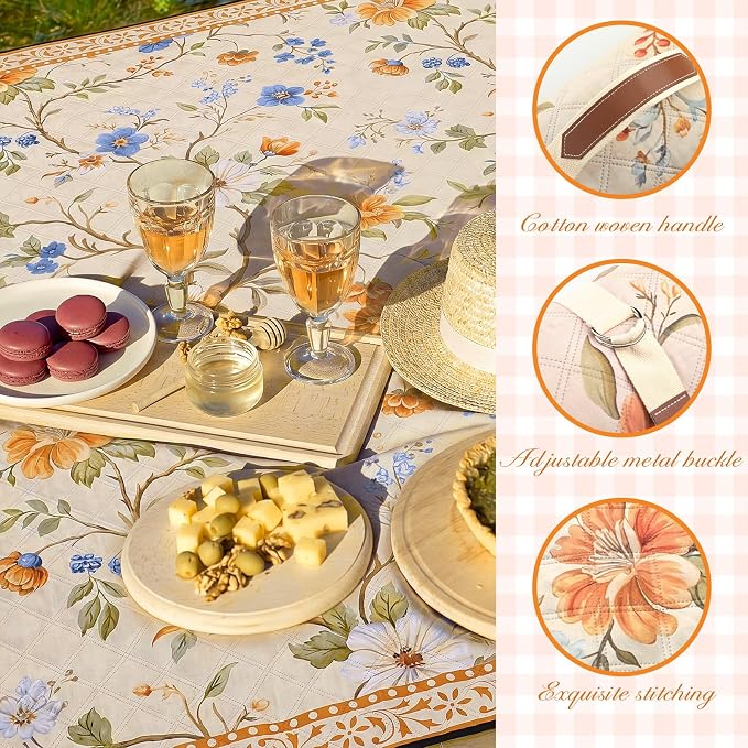 Newwiee 80 x 80 Inch Brown Floral Picnic Blanket Extra Large Outdoor Chinoiserie Picnic Mat with Carry Strap Waterproof Sandproof Blanket Foldable Portable for Beach Camping Grass Lawn Park