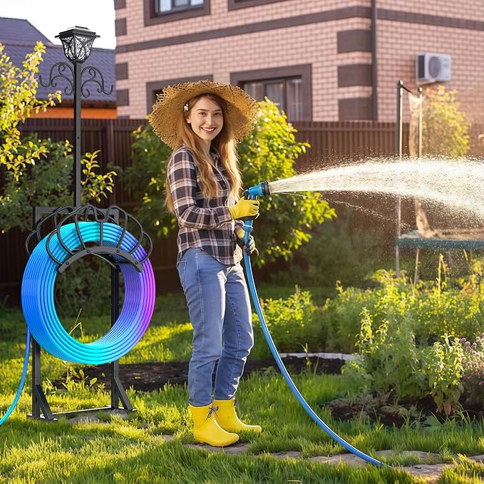 New Upgraded 3-in-1 Garden Hose Holder with Solar Light & Shepherds Hooks | Stores 160" Hose, Freestanding with Double Hooks for Hanging Decor - Perfect for Outdoor Yard, Lawn & Patio at Night