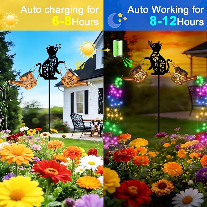 2 Pack Solar Watering Can Lights, Solar Lights Outdoor Decorative, Cat Hanging Lantern Landscape Light Waterproof, Garden Decor for Yard Lawn, Gifts for Mom Women Cat Lover (Multicolor)