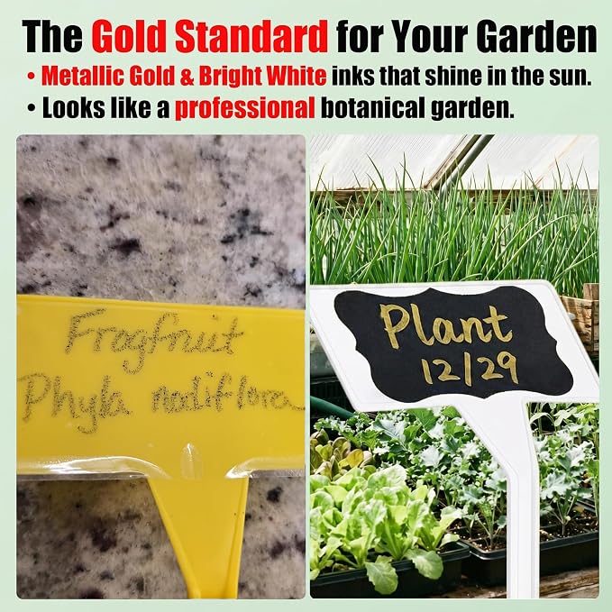100 Pack 11.8" White Plant Labels for Outdoor Garden Waterproof, T-Type Garden Label Stakes with Black Stickers & Gold Pen, Tall Plant Markers and Plant Tags for Vegetables, Herbs, Flowers