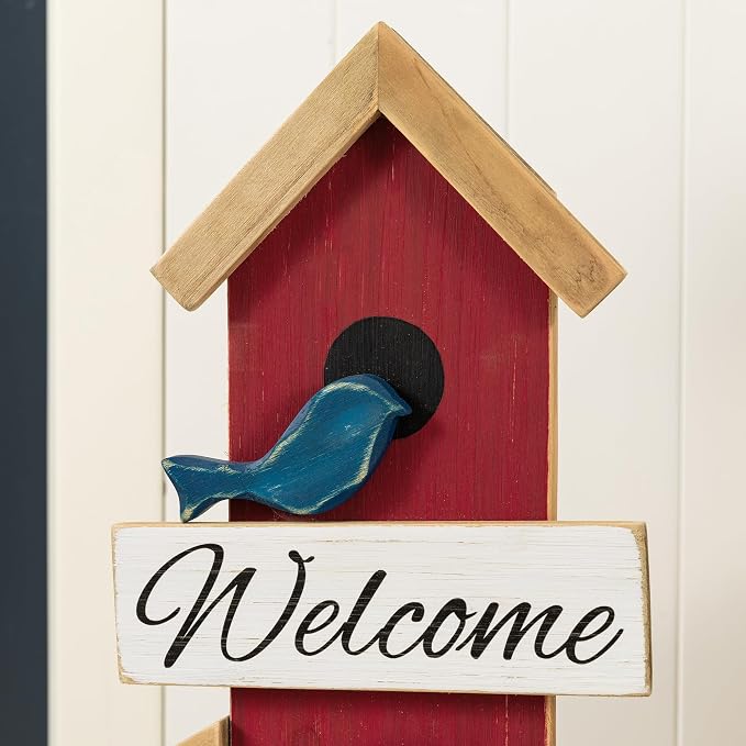 Glitzhome 30"H Welcome Yard Sign for Front Porch Standing, Wood Birdhouse Shaped Porch Board, All Seasonal Farmhouse Rustic Modern Porch Sign for Patio Front Door Outside