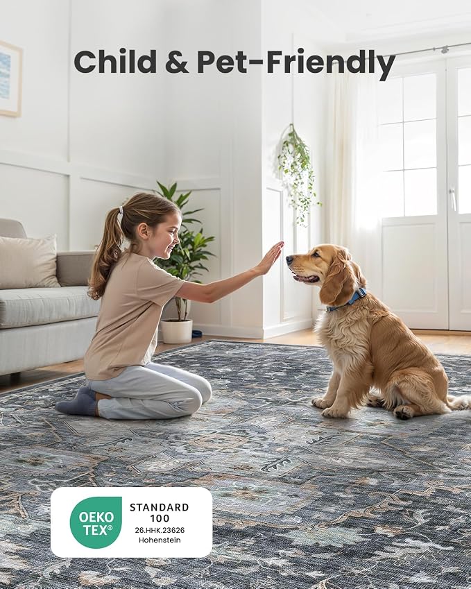 AMADA HOMEFURNISHING 10x14 Washable Area Rug, Low-Profile Large Area Rug with Non-Slip Backing & Durable Edge Binding, Vintage Large Rugs for Living Room, Bedroom & Dining Room