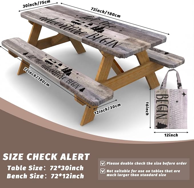 Picnic Table Cover with Bench Covers Elastic Edges Camping Essentials 4 Pcs Wood Grain Brown Waterproof Oil-Proof Tablecloth with Handbag for RV Accessories Farmhouse Camping Rustic Party Decor 72 IN