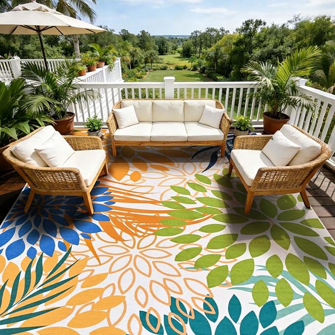 Yinhua Dahlia Floral Outdoor Rug 8x10 Colorful Indoor Outdoor Rugs Washable Patio Rug Non Slip Large Flower Area Rug Low Pile Outdoor Carpet for Patio, Deck, Porch, Balcony, Camping, Yellow Green